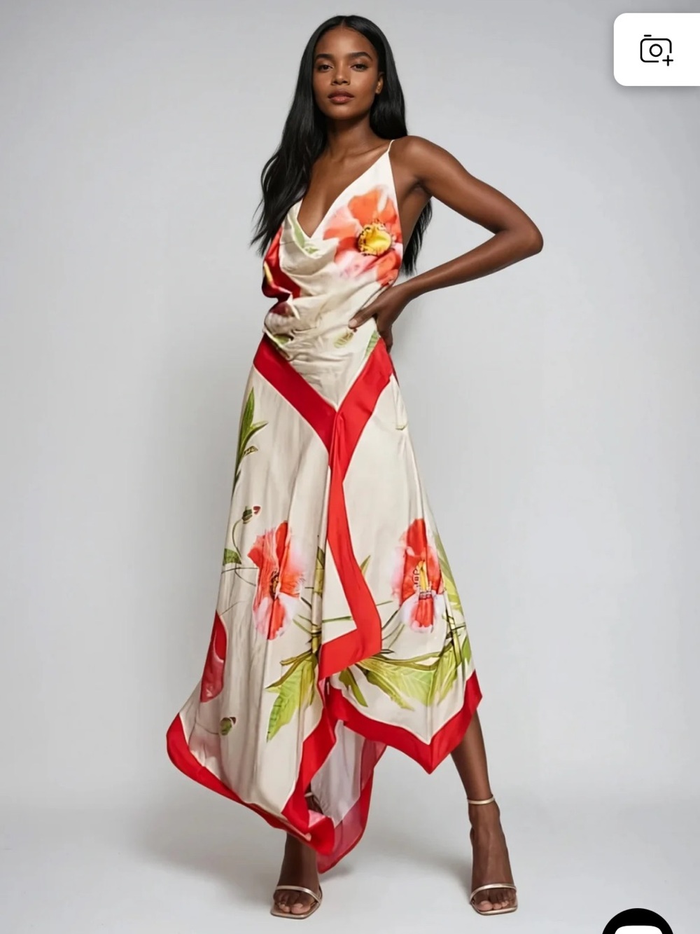 Floral Satin Handkerchief Hem Dress